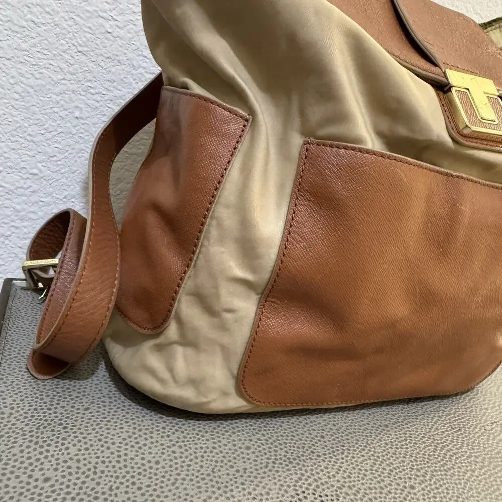 Tory Burch Penn Backpack Tan Nylon Brown PU Leather Pockets Handbag Purse